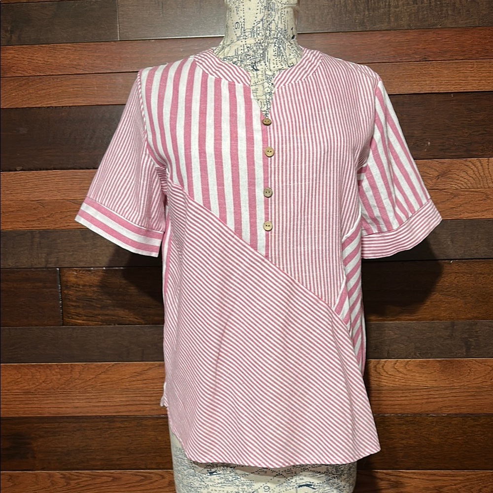NWOT No Brand Tag Striped Pink Button-Up Top